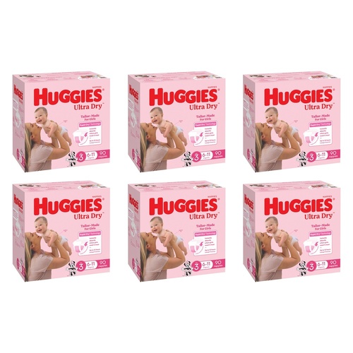 Huggies Jumbo UltraDry Nappies Crawler Girl 90 Pack Bundle of 6