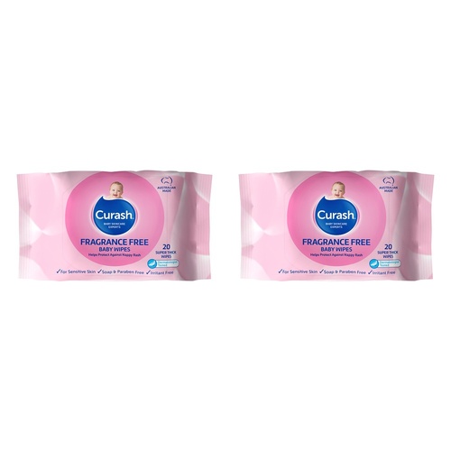 Curash Fragrance Free Baby Wipes, Travel Pack, 20 Wipes Bundle of 2