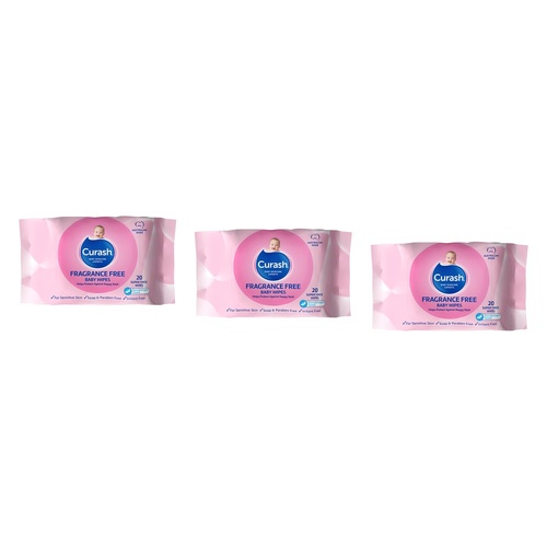 Curash Fragrance Free Baby Wipes, Travel Pack, 20 Wipes Bundle of 3