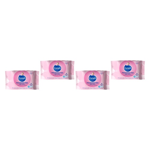 Curash Fragrance Free Baby Wipes, Travel Pack, 20 Wipes Bundle of 4