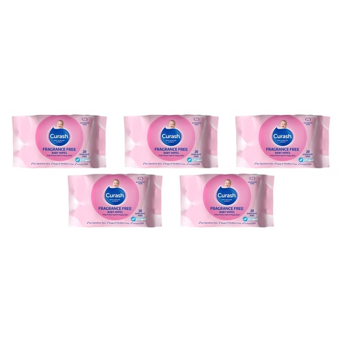 Curash Fragrance Free Baby Wipes, Travel Pack, 20 Wipes Bundle of 5