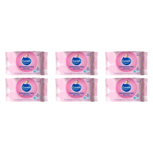 Curash Fragrance Free Baby Wipes, Travel Pack, 20 Wipes Bundle of 6