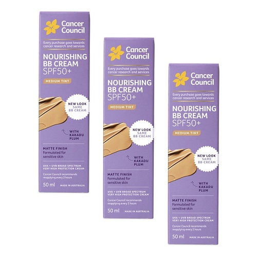 Cancer Council Face Day Wear BB Cream SPF 50+ Medium Tint 50mL Pack of 3