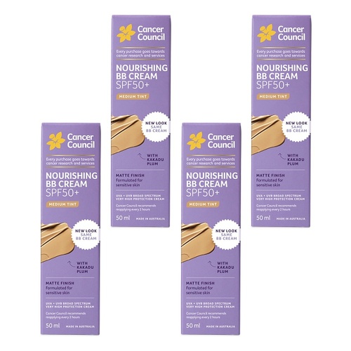 Cancer Council Face Day Wear BB Cream SPF 50+ Medium Tint 50mL Pack of 4