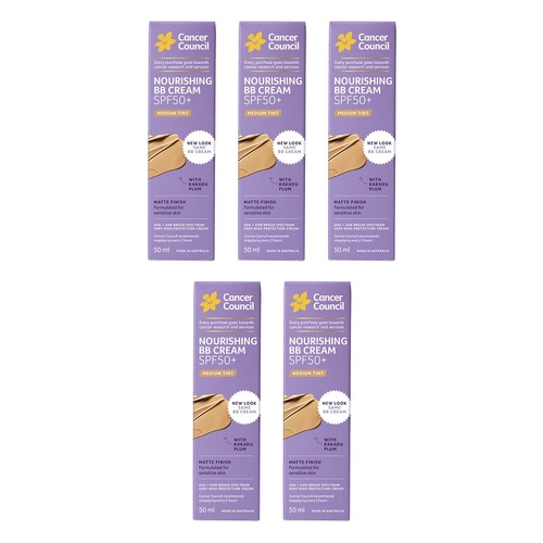 Cancer Council Face Day Wear BB Cream SPF 50+ Medium Tint 50mL Pack of 5