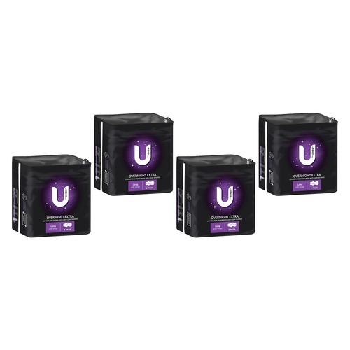 U By Kotex Overnight Extra Long Pads with Wings 8 Pack x 4 Bundle of 4
