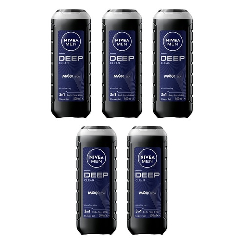NIVEA MEN Deep Clean Shower Gel 500mL Pack of 5