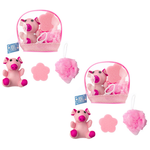 Pig Bath Gift Set x2 Mesh Plush Sponge and Loofah Exfoliating Set
