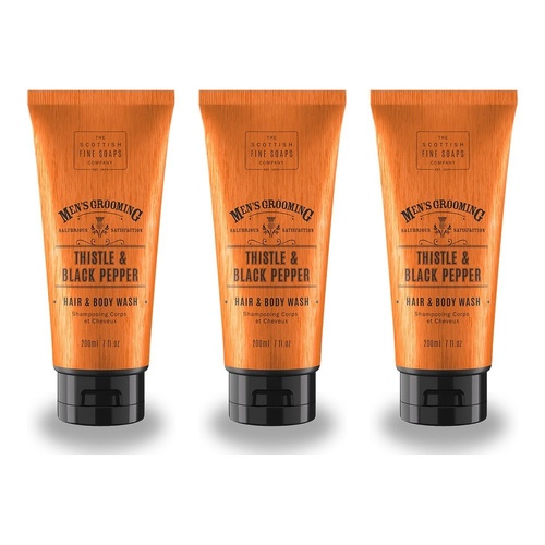 Scottish Fine Soaps Men's Grooming Thistle & Black Pepper Hair & Body Wash 200mL Pack of 3