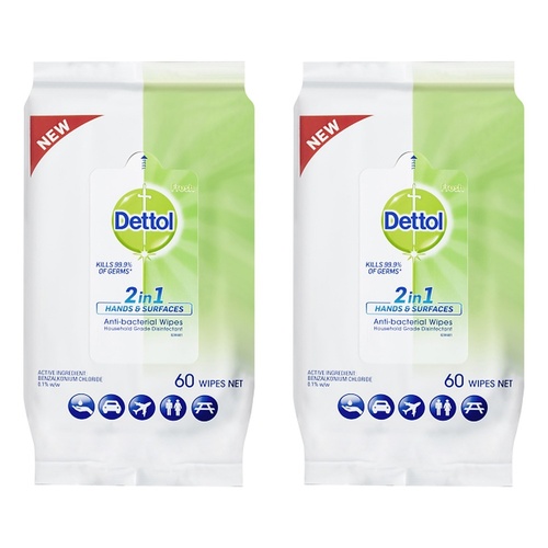 Dettol 2 in 1 Hands & Surfaces Anti-Bacterial Wipes 60 Wipes Pack of 2