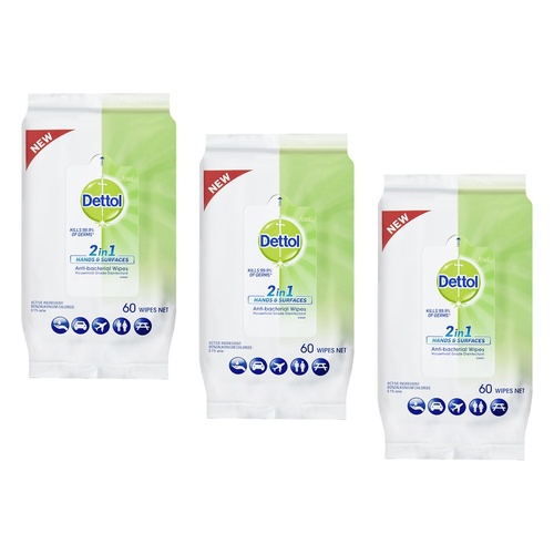 Dettol 2 in 1 Hands & Surfaces Anti-Bacterial Wipes 60 Wipes Pack of 3