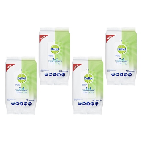 Dettol 2 in 1 Hands & Surfaces Anti-Bacterial Wipes 60 Wipes Pack of 4