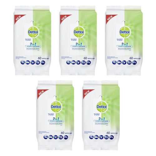 Dettol 2 in 1 Hands & Surfaces Anti-Bacterial Wipes 60 Wipes Pack of 5