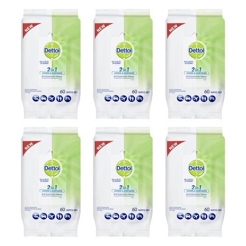 Dettol 2 in 1 Hands & Surfaces Anti-Bacterial Wipes 60 Wipes Pack of 6