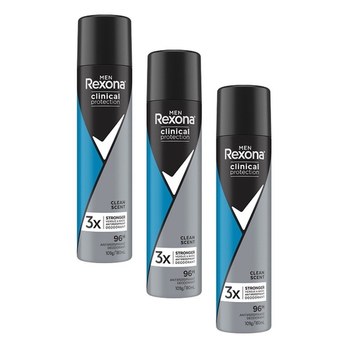 Rexona Men Clinical Protection 96H Antiperspirant Clean Scent 180mL Pack of 3