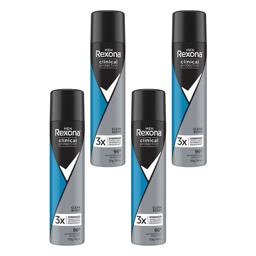 Rexona Men Clinical Protection 96H Antiperspirant Clean Scent 180mL Pack of 4