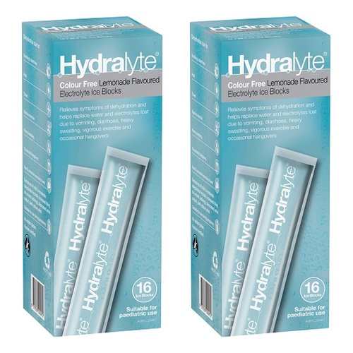 Hydralyte Colour Free Lemonade Flavoured Electrolyte Ice Blocks 16 Bundle of 2