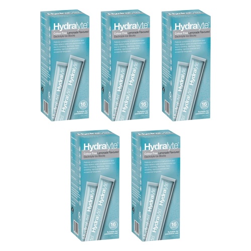 Hydralyte Colour Free Lemonade Flavoured Electrolyte Ice Blocks 16 Bundle of 5