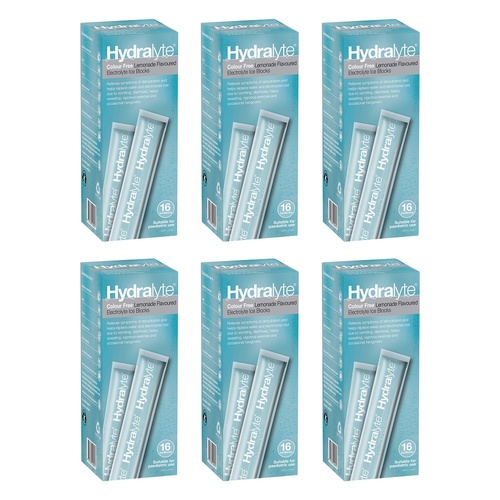 Hydralyte Colour Free Lemonade Flavoured Electrolyte Ice Blocks 16 Bundle of 6