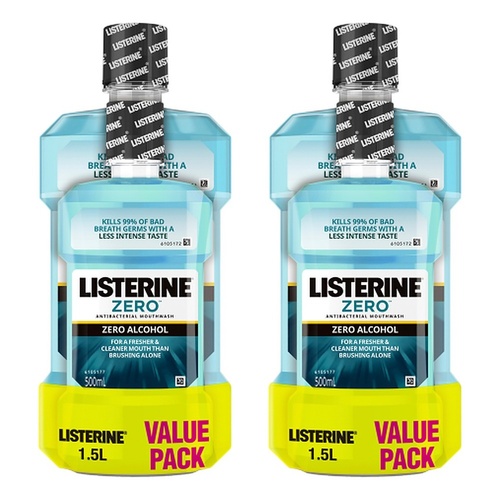 Listerine Zero Alcohol Antibacterial Mouthwash 1L + 500mL Pack of 2