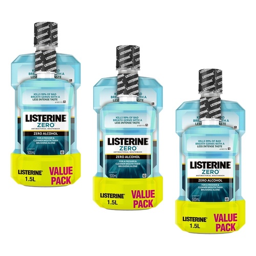 Listerine Zero Alcohol Antibacterial Mouthwash 1L + 500mL Pack of 3