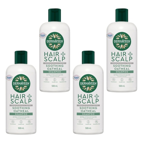 DermaVeen Oatmeal Shampoo for Dry, Flaky or Sensitive Scalps 500mL Pack of 4