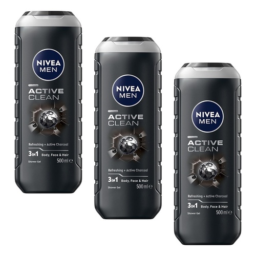 NIVEA Men Active Clean Shower Gel 500mL Pack of 3