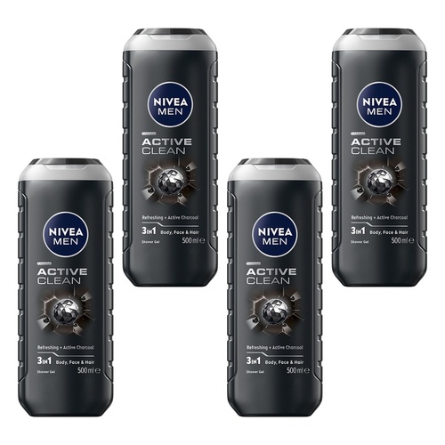 NIVEA Men Active Clean Shower Gel 500mL Pack of 4
