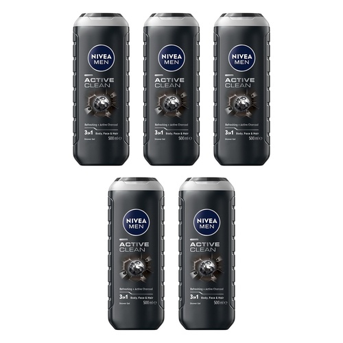 NIVEA Men Active Clean Shower Gel 500mL Pack of 5