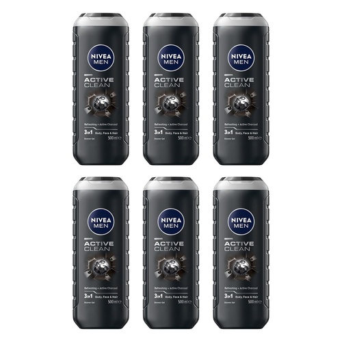 NIVEA Men Active Clean Shower Gel 500mL Pack of 6