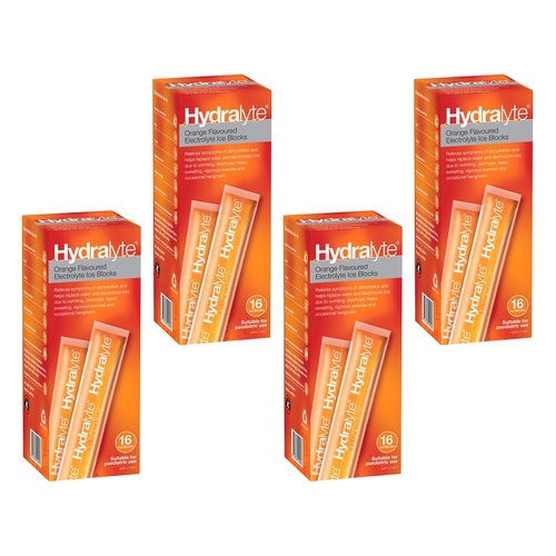 Hydralyte Orange Flavoured Electrolyte Ice Blocks 16 Pack Bundle of 4