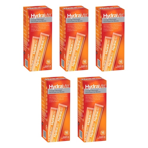 Hydralyte Orange Flavoured Electrolyte Ice Blocks 16 Pack Bundle of 5