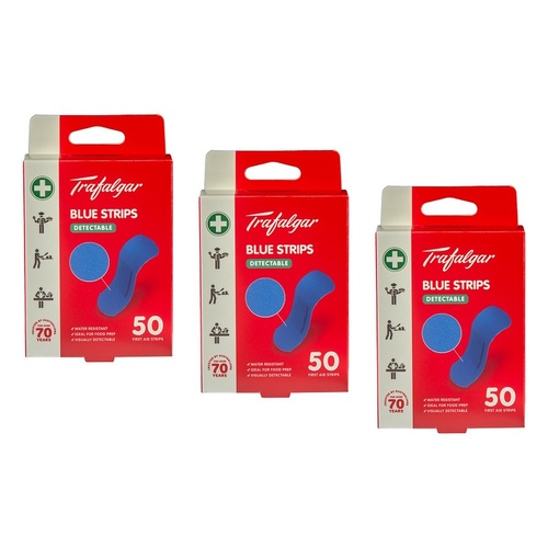 Trafalgar First Aid Blue Plastic Strips 50 Pack Bundle of 3