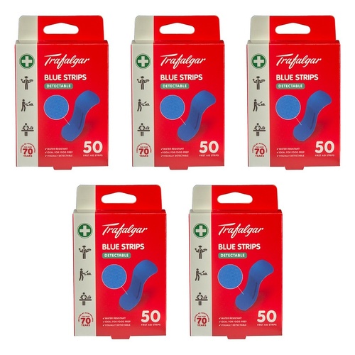 Trafalgar First Aid Blue Plastic Strips 50 Pack Bundle of 5
