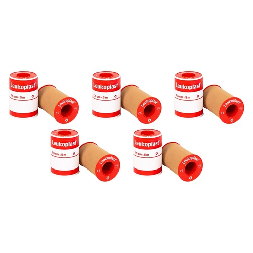 Leuko Leukoplast Standard Plastic Medical Tape Tan 7.5cm x 5m 4 Pack Bundle of 5