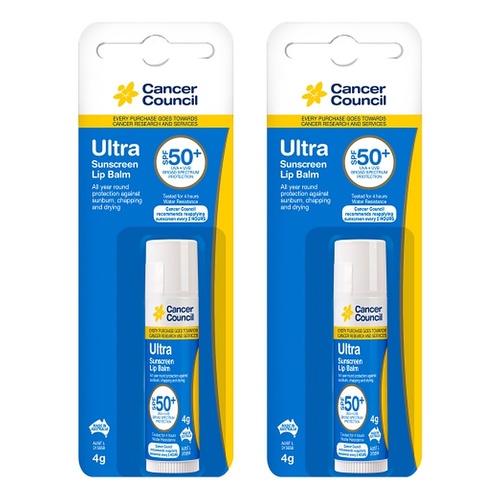 Cancer Council Ultra Sunscreen Lip Balm SPF 50+ 4g Pack of 2
