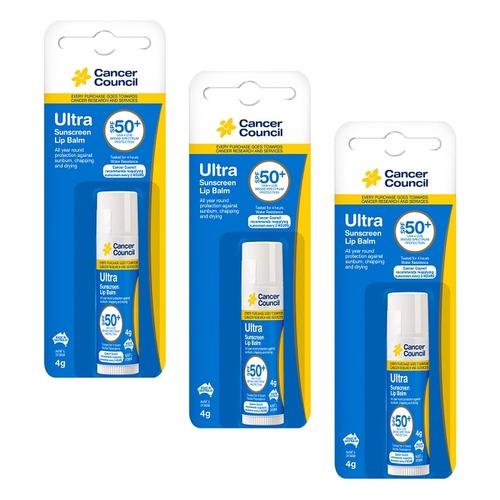Cancer Council Ultra Sunscreen Lip Balm SPF 50+ 4g Pack of 3