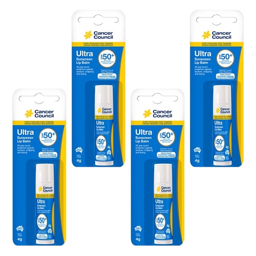 Cancer Council Ultra Sunscreen Lip Balm SPF 50+ 4g Pack of 4