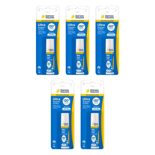 Cancer Council Ultra Sunscreen Lip Balm SPF 50+ 4g Pack of 5