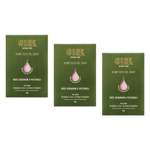Hemp Worx Rose Geranium & Patchouli Soap 120g Pack of 3