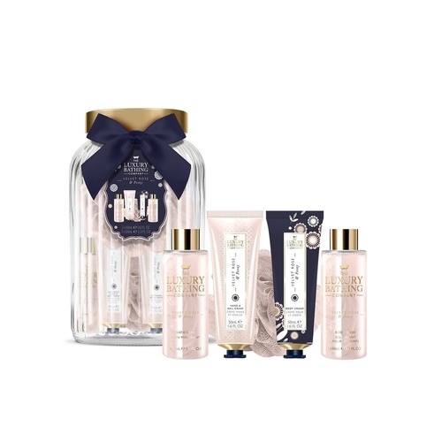 Luxury Bathing Co Velvet Rose & Peony Ultimate Gift Set Jar with Body Puff