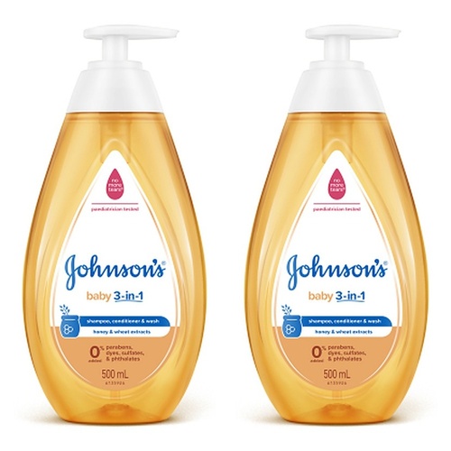 Johnson's Baby 3-in-1 Shampoo, Conditioner & Wash 500mL Pack of 2