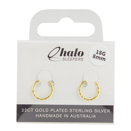 Halo Sleepers 22ct Gold Plated Silver Earrings 8mm Faceted 18G Hypoallergenic