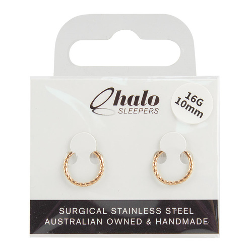 Halo Sleepers Satin Twist Earrings 10mm Rose Gold Stainless Steel 16G Pair