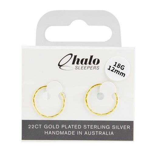 Halo Sleepers 12mm 22ct Gold Plated Sterling Silver Sleeper Earrings 18G