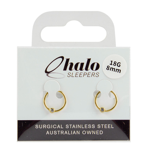 Halo Sleepers Stainless Steel 18g Gem Ball Gold 8mm Sleeper Earing Set