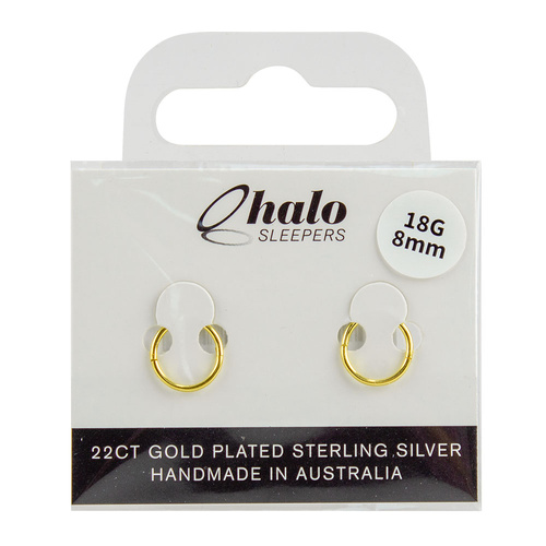 Halo Sleepers 8mm 22ct Gold Plated Sterling Silver Sleeper Earrings 18G