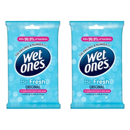 Wet Ones Be Fresh Original Antibacterial Hand & Body Wipes 15 Wipes Pack of 2