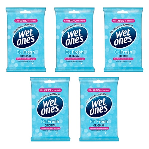 Wet Ones Be Fresh Original Antibacterial Hand & Body Wipes 15 Wipes Pack of 5
