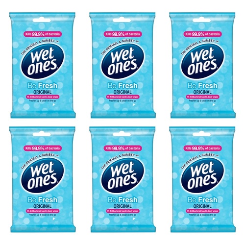 Wet Ones Be Fresh Original Antibacterial Hand & Body Wipes 15 Wipes Pack of 6